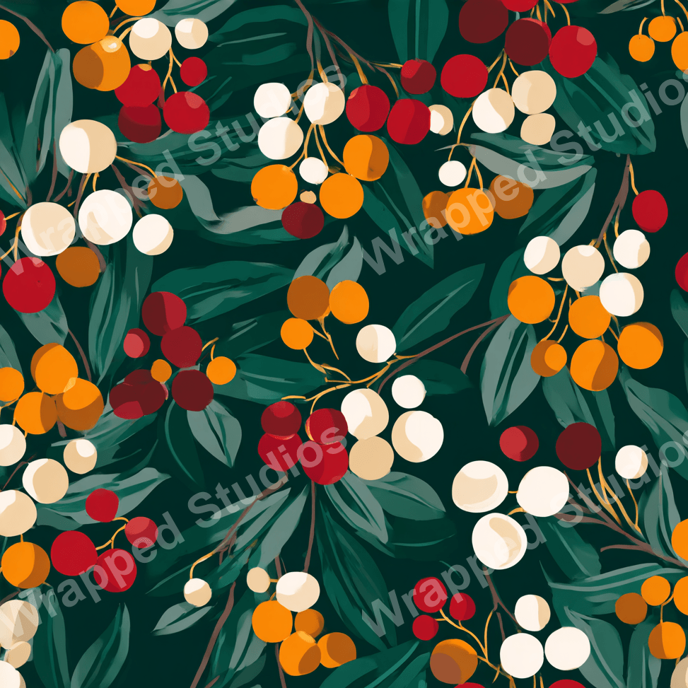 Botanical pattern with red, orange, and cream berries on a dark green leafy background.