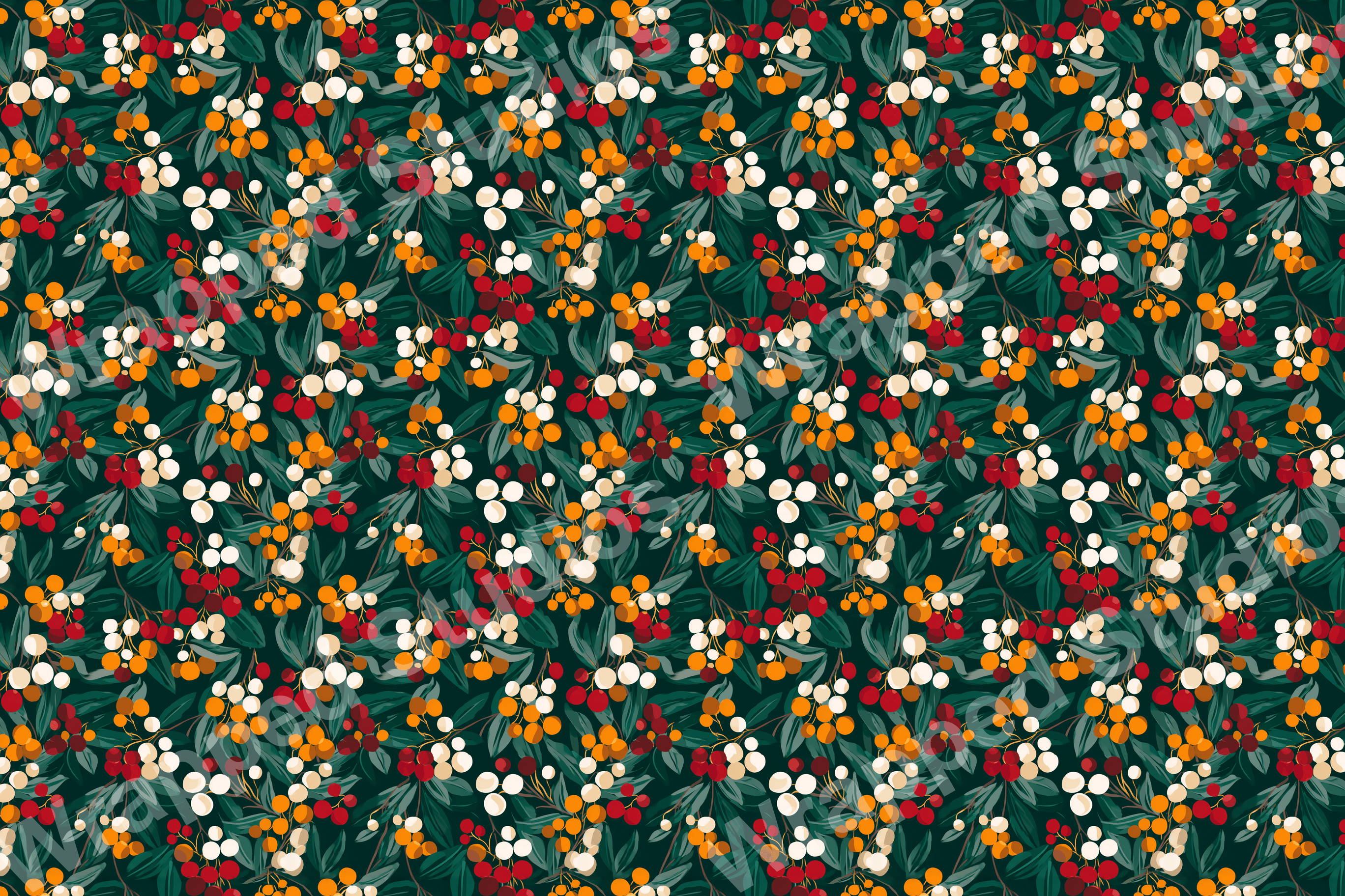 Vintage botanical design with colorful berries and leaves on a dark teal background.