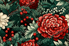 Elegant floral pattern with red and cream flowers, green leaves, and red berries on a dark ground.
