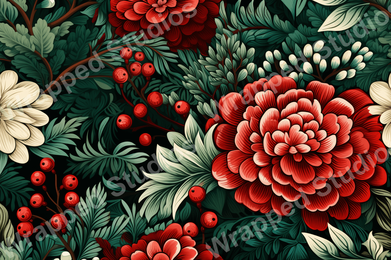 Elegant floral pattern with red and cream flowers, green leaves, and red berries on a dark ground.