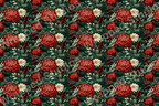 Elegant floral pattern with red and cream blossoms, deep green leaves, and berry accents.