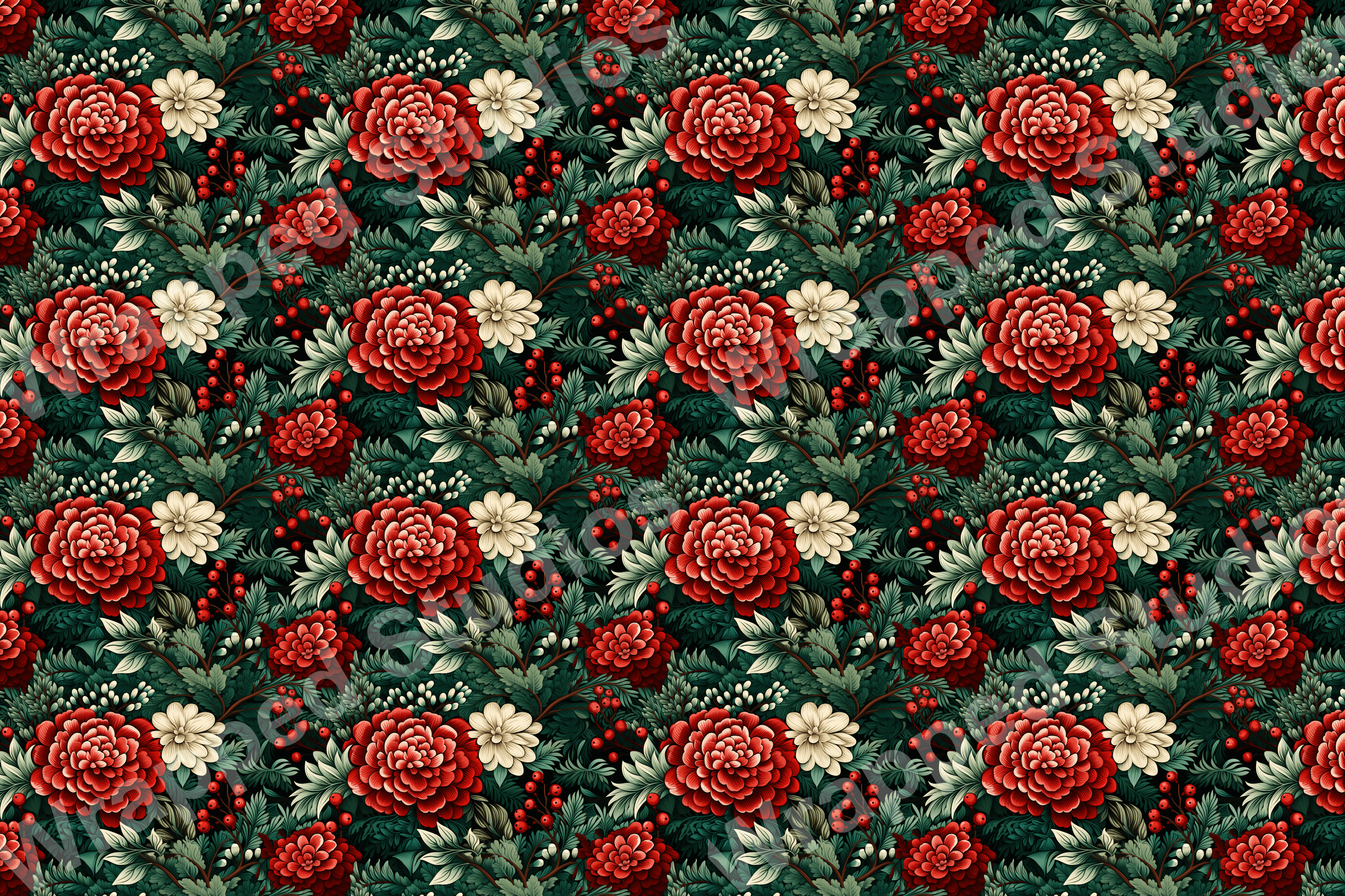 Elegant floral pattern with red and cream blossoms, deep green leaves, and berry accents.