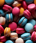 Seamless sweet pattern of colorful macarons in pink, blue, yellow, and cream.