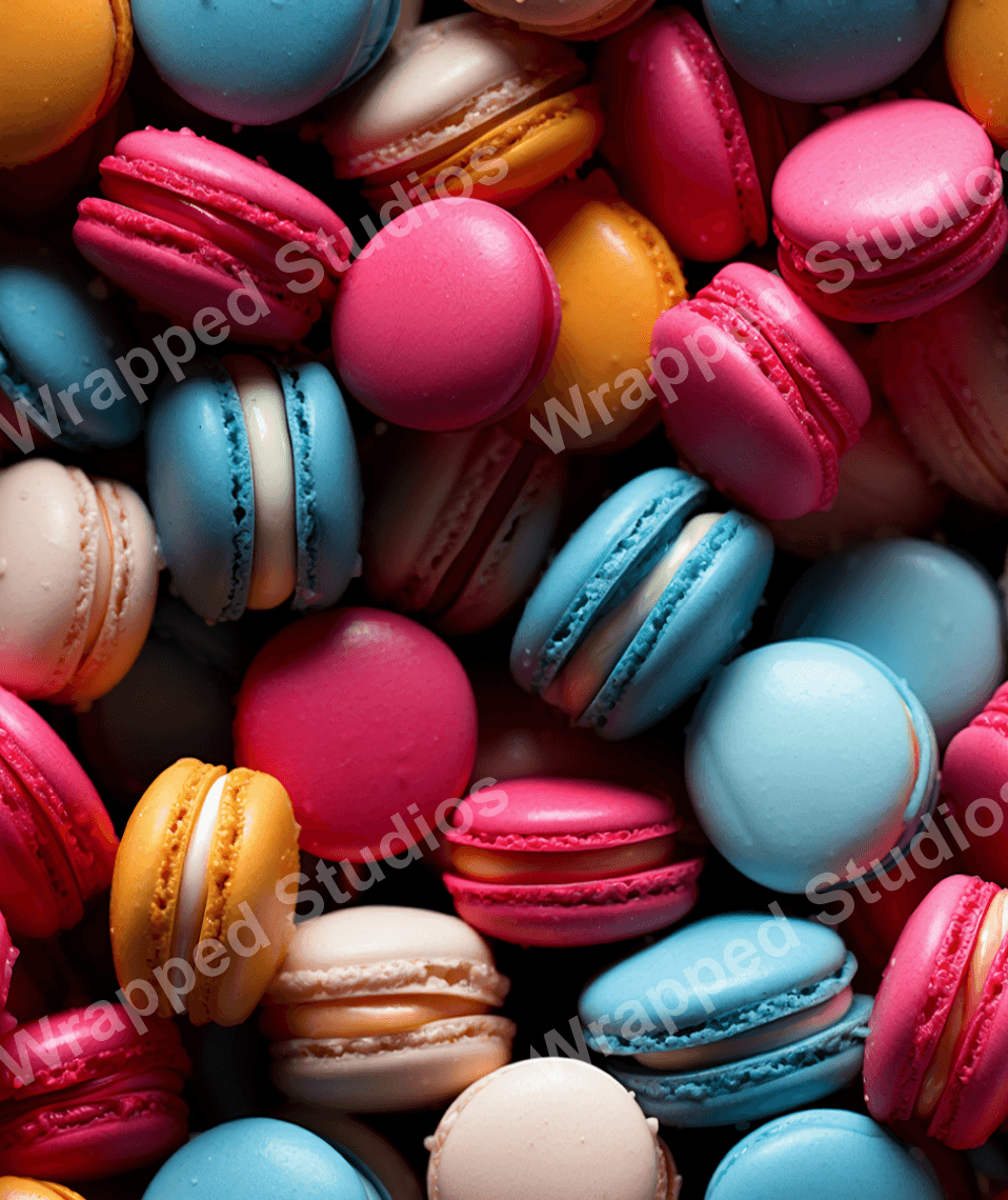 Seamless sweet pattern of colorful macarons in pink, blue, yellow, and cream.