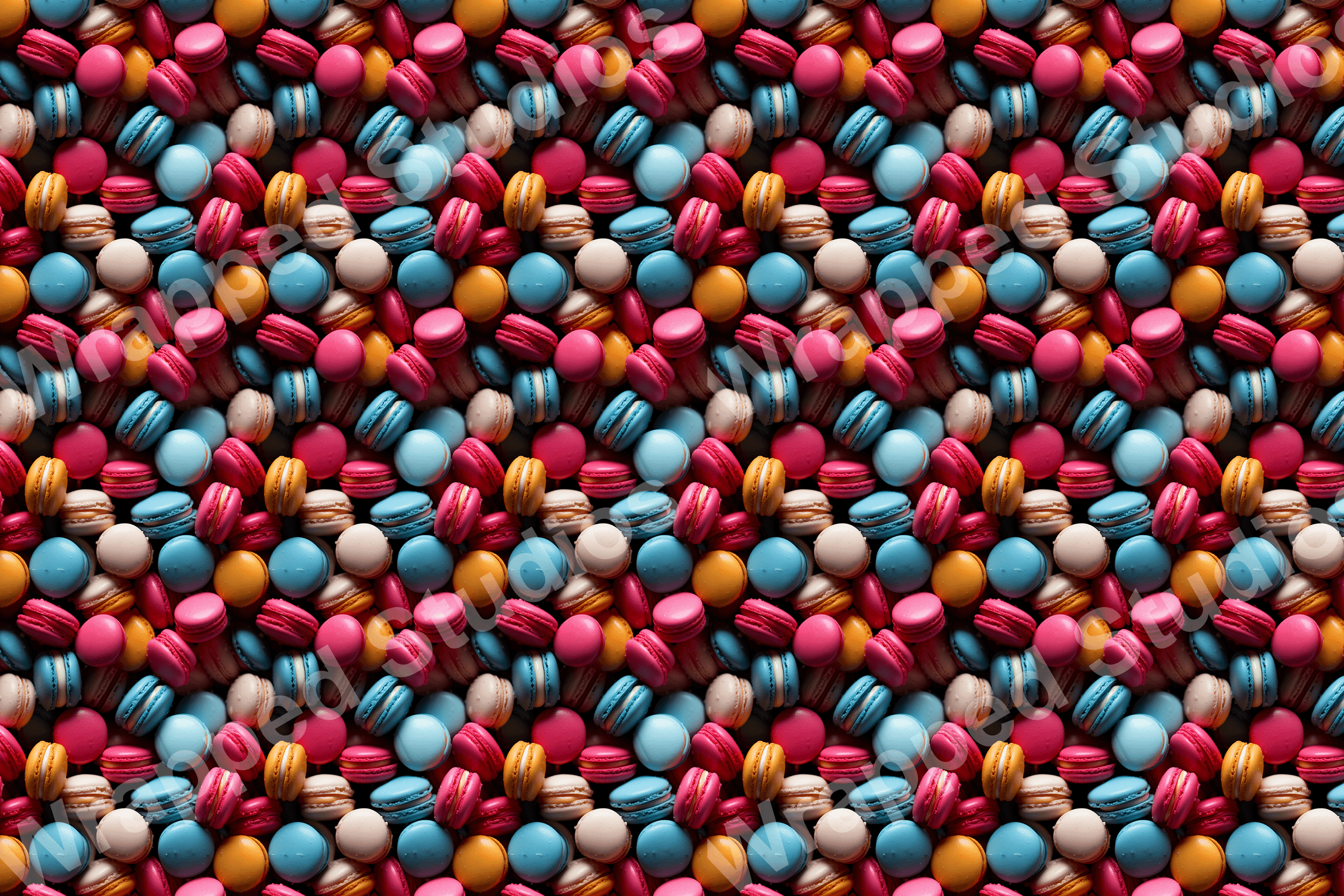Playful food pattern of colorful macarons in shades of pink, blue, orange, and cream.