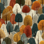 Seamless tree pattern design with autumn colors in a modern, slightly retro style.