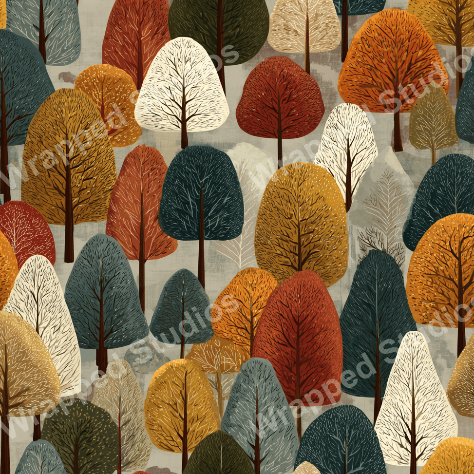 Seamless tree pattern design with autumn colors in a modern, slightly retro style.