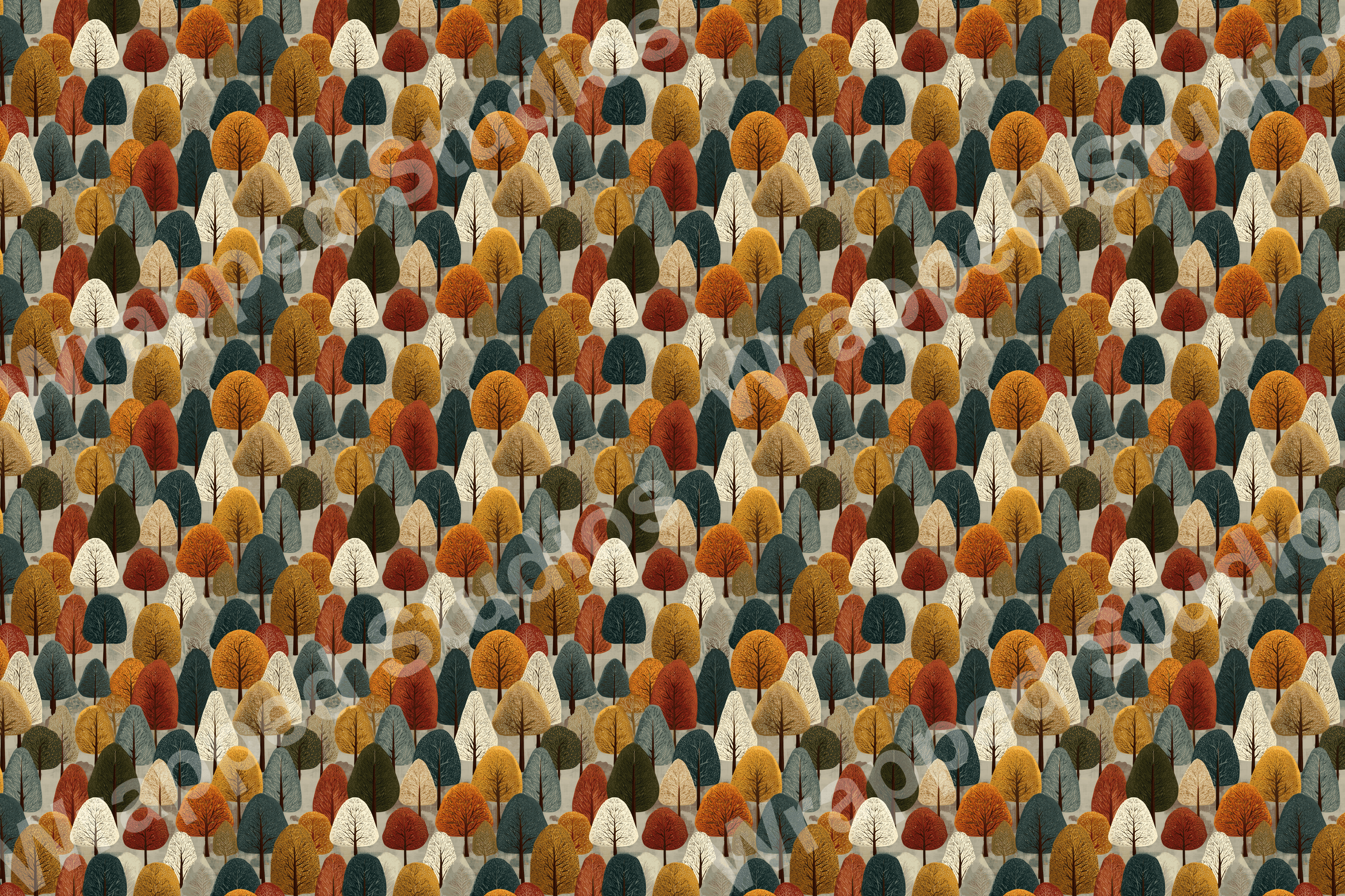 Seamless autumn tree pattern with earthy tones of orange, brown, and teal.