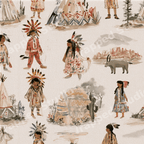 Watercolor southwest pattern featuring kids, teepees, and desert elements in warm earthy tones.