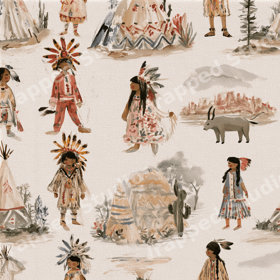 Watercolor southwest pattern featuring kids, teepees, and desert elements in warm earthy tones.
