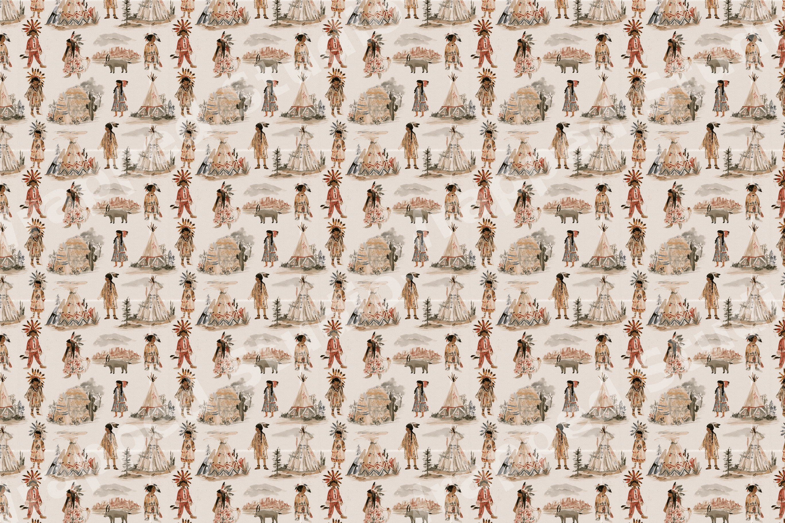 Vintage watercolor Native American pattern with tipis, bison, and figures in warm earth tones.
