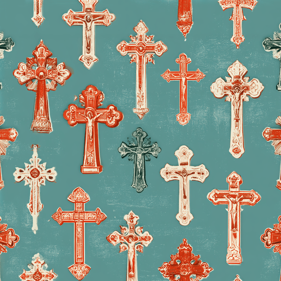 Seamless vintage gothic cross pattern with ornate red and cream crucifixes on a teal background.