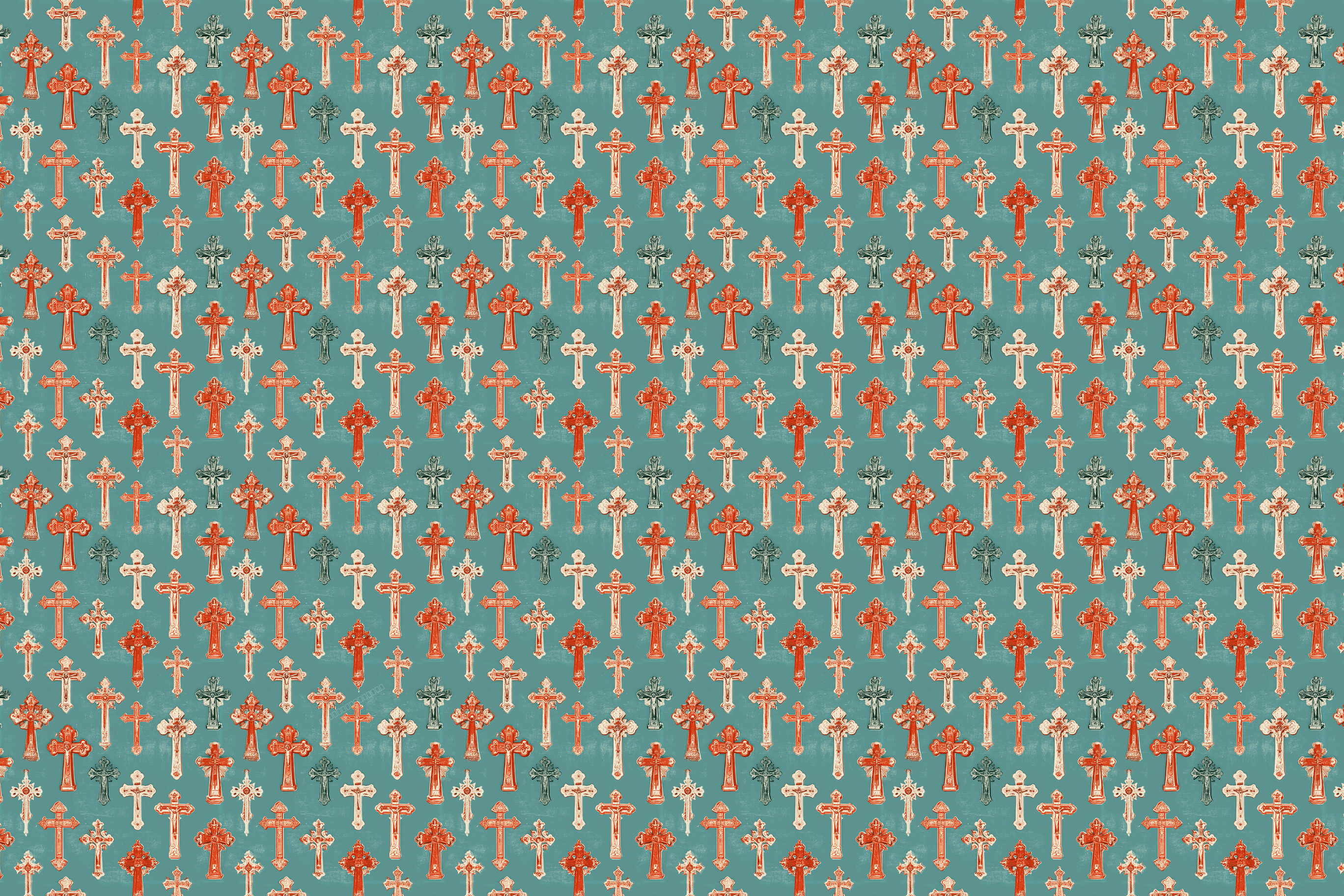 Vintage gothic cross pattern featuring terracotta and cream crucifixes on a teal background.