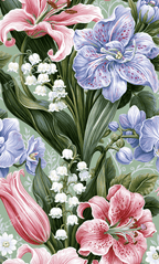 Elegant floral pattern with pink lilies, purple orchids, and lily of the valley in a vintage botanical style.