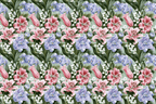 Vintage botanical floral pattern with pink lilies and purple orchids on a sage green background.