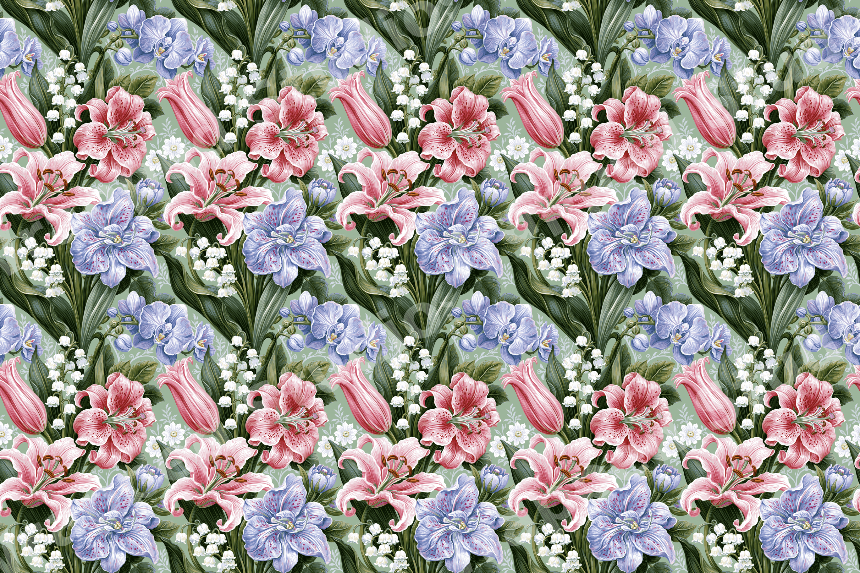 Vintage botanical floral pattern with pink lilies and purple orchids on a sage green background.