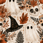 Vintage botanical Halloween pattern featuring cute ghosts, floral skulls, witch hats, and pumpkins on cream.