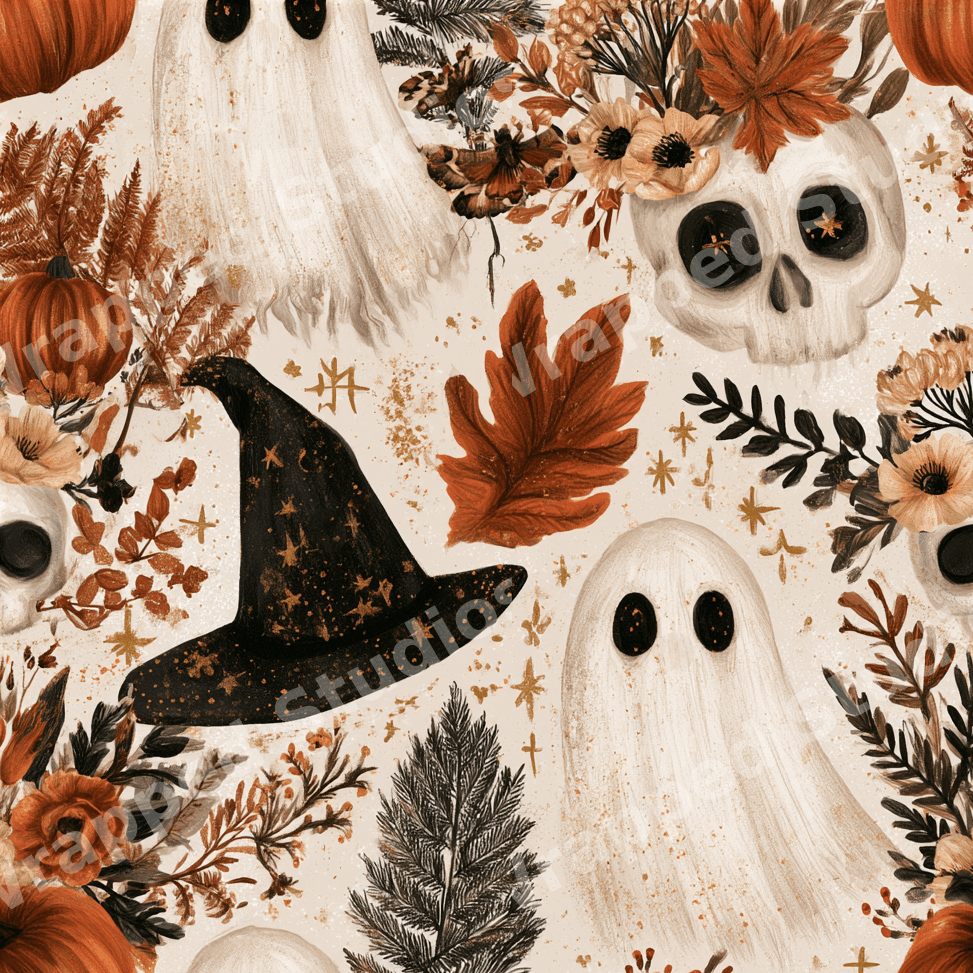 Vintage botanical Halloween pattern featuring cute ghosts, floral skulls, witch hats, and pumpkins on cream.