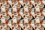 Vintage Halloween pattern with cute ghosts, floral skulls, pumpkins, and witch hats in warm autumn colors.