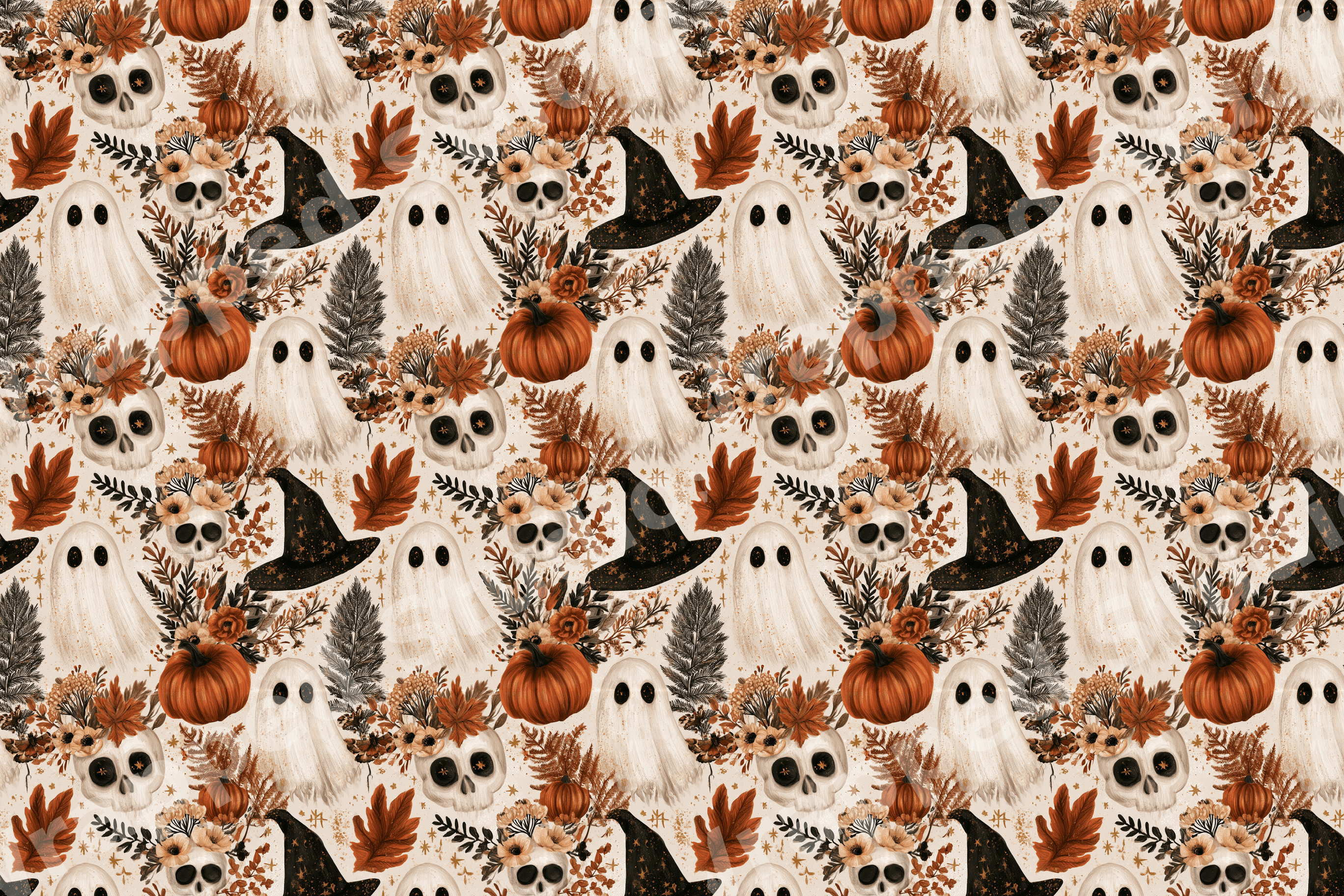 Vintage Halloween pattern with cute ghosts, floral skulls, pumpkins, and witch hats in warm autumn colors.