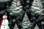 Festive Christmas pattern with illustrated snowmen, snowy pine trees, and snowflakes on a black background.