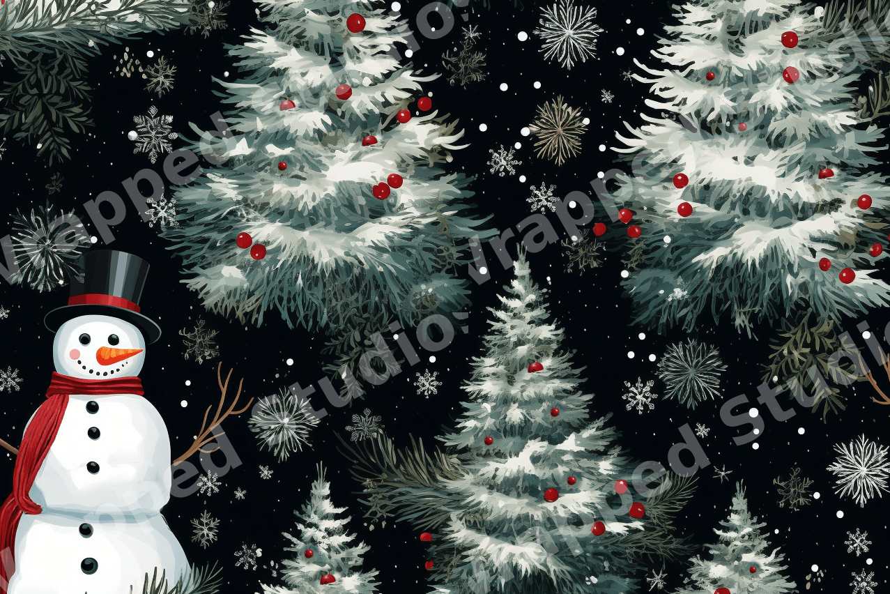 Festive Christmas pattern with illustrated snowmen, snowy pine trees, and snowflakes on a black background.