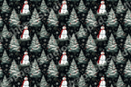 Seamless vintage Christmas pattern featuring cute snowmen and snowy pine trees on a black background.