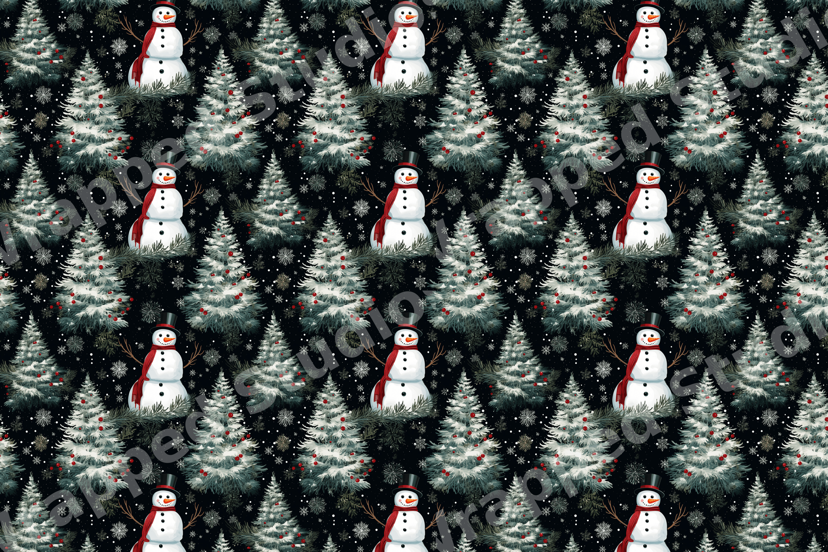Seamless vintage Christmas pattern featuring cute snowmen and snowy pine trees on a black background.