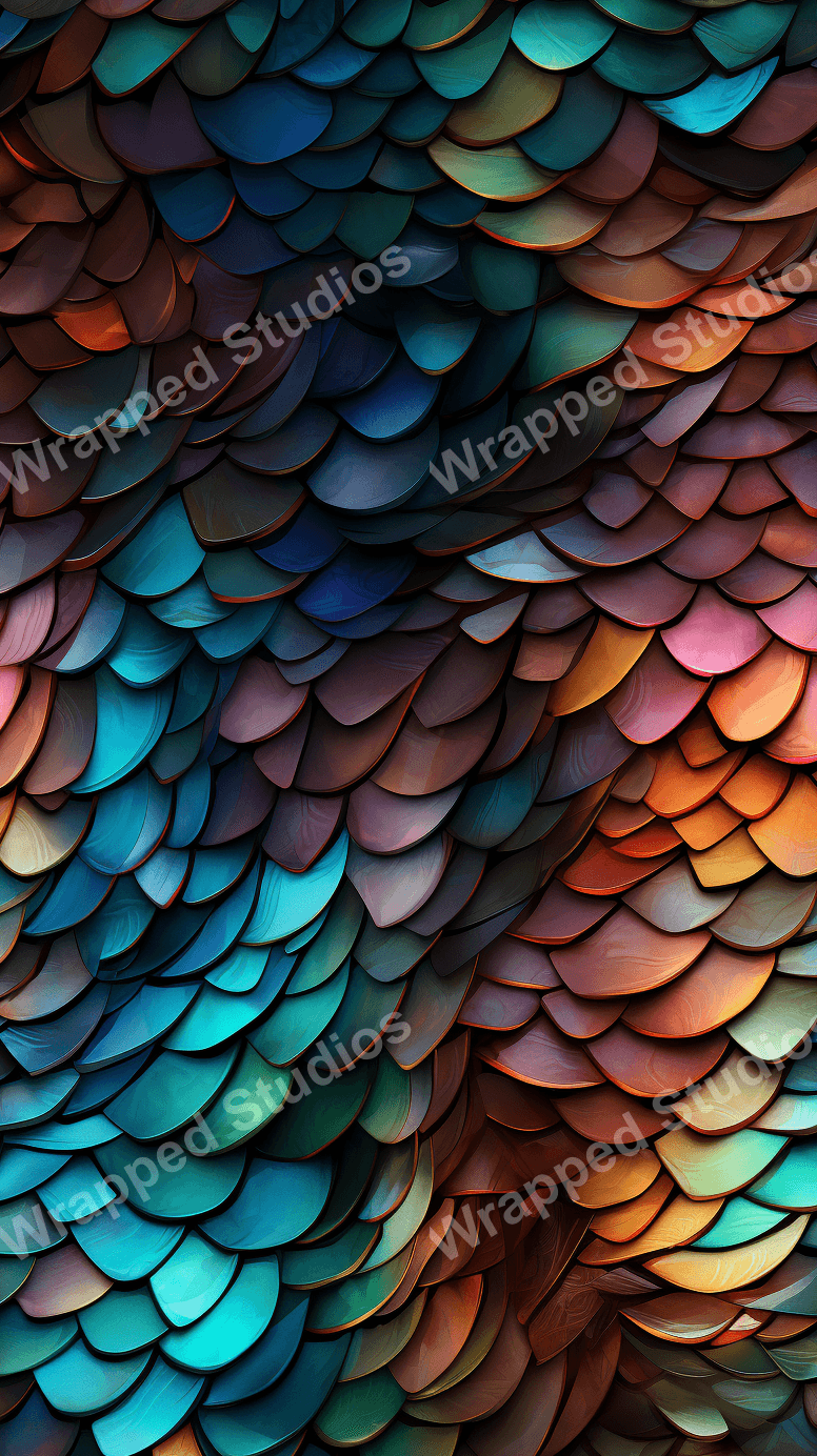 Iridescent abstract pattern of overlapping scale-like shapes in teal, brown, copper, and purple hues.