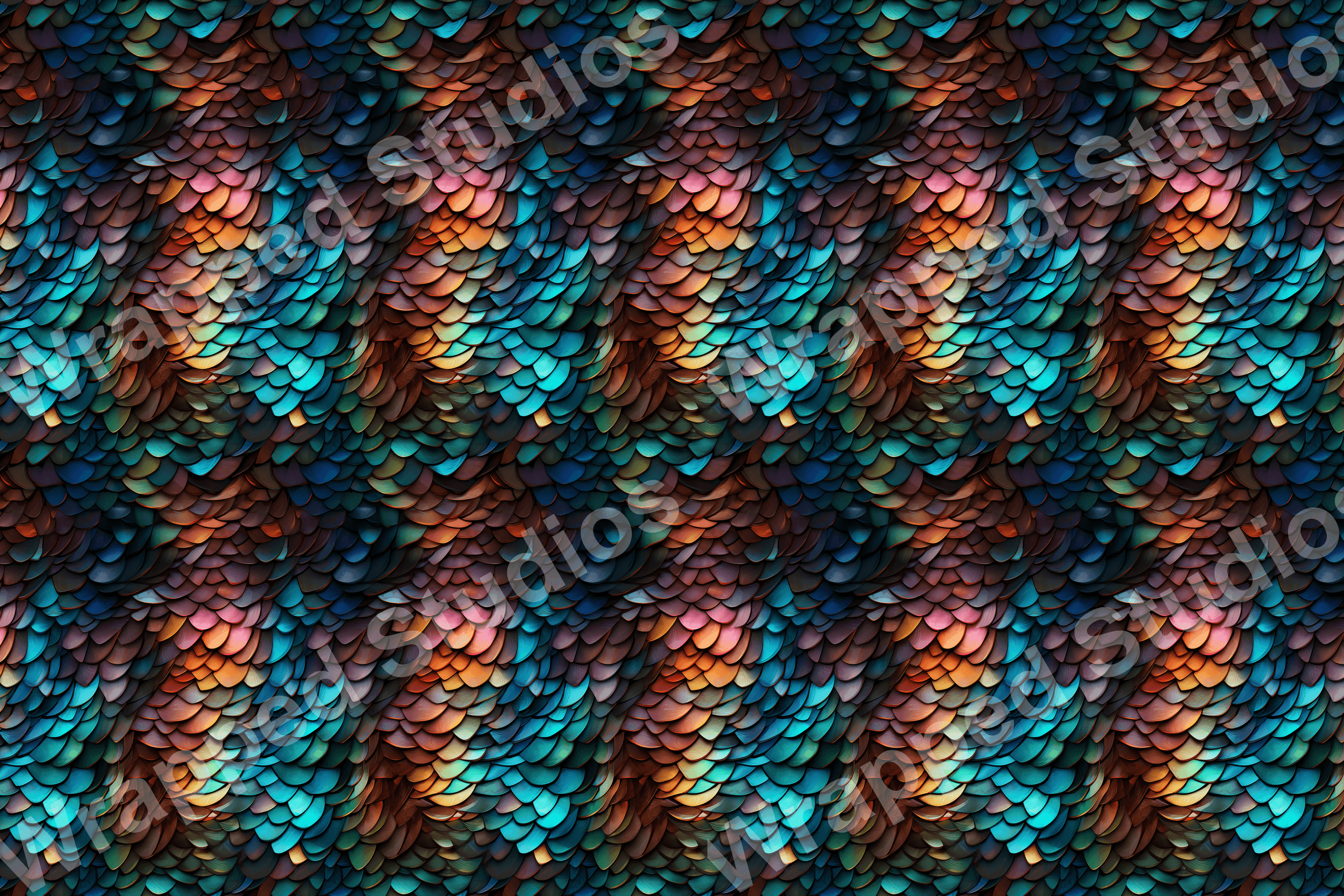 Iridescent seamless pattern of stylized scales in teal, copper, and pink hues.