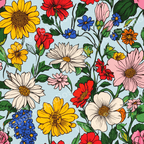 Colorful floral pattern with daisies, sunflowers, roses, and forget-me-nots on a light blue background.