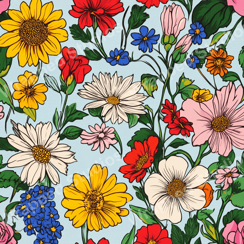 Colorful floral pattern with daisies, sunflowers, roses, and forget-me-nots on a light blue background.