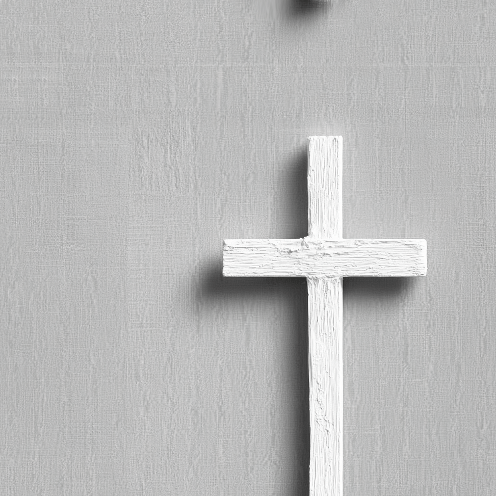 Minimalist white Christian cross pattern on a textured gray background.
