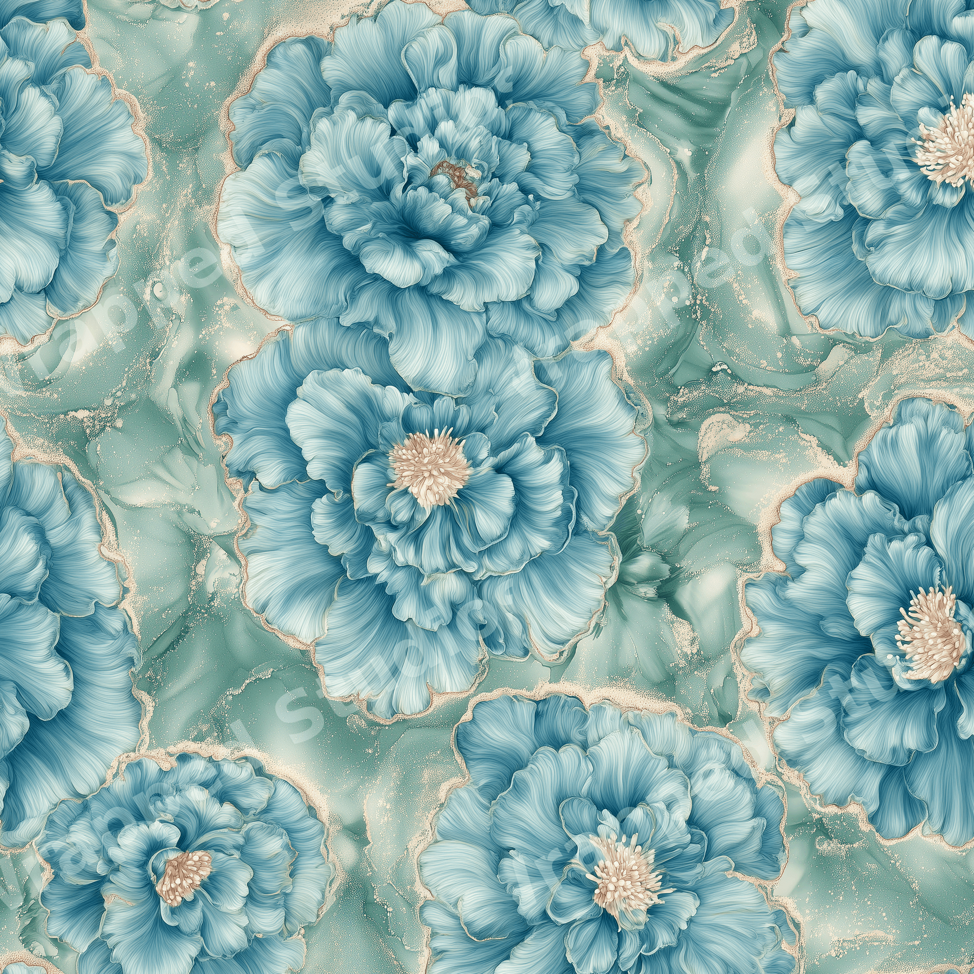 Elegant blue peony floral pattern with gold glitter accents on a teal marble background.