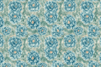 Elegant blue peony floral pattern with gold outlines on a sage green marble background.