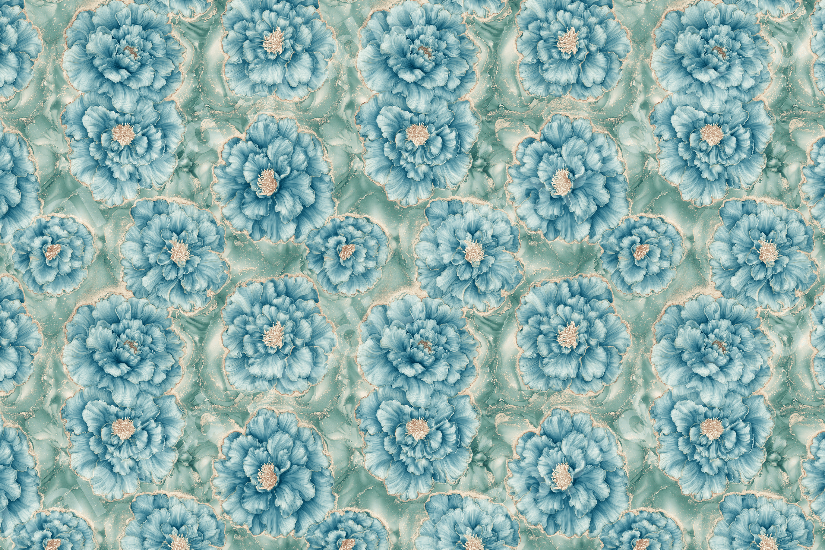 Elegant blue peony floral pattern with gold outlines on a sage green marble background.