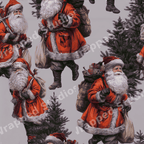 Vintage Santa Claus pattern with green pine trees on a grey background in a nostalgic Victorian style.