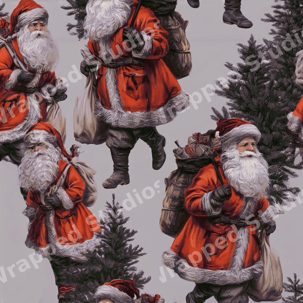 Vintage Santa Claus pattern with green pine trees on a grey background in a nostalgic Victorian style.