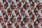 Vintage Christmas pattern with retro Santa Claus illustrations and pine trees on a light grey background.