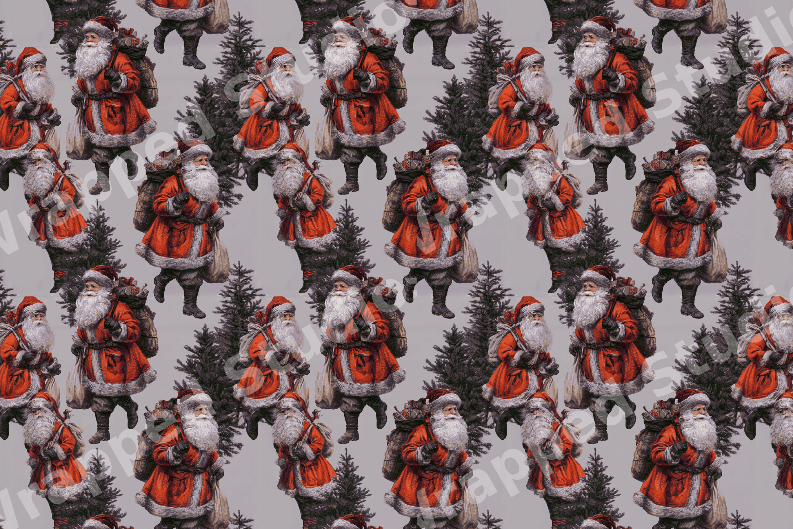 Vintage Christmas pattern with retro Santa Claus illustrations and pine trees on a light grey background.