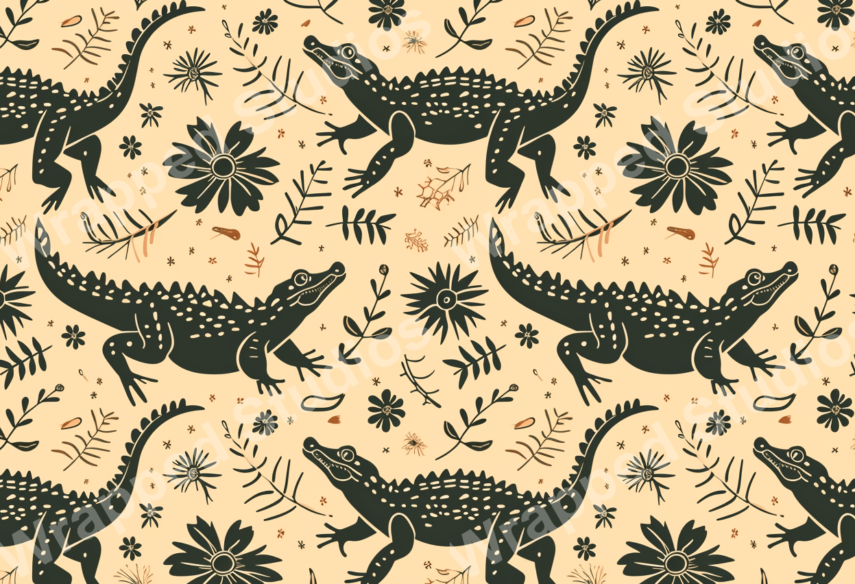 Dark teal alligator and whimsical folk art floral pattern on light tan.
