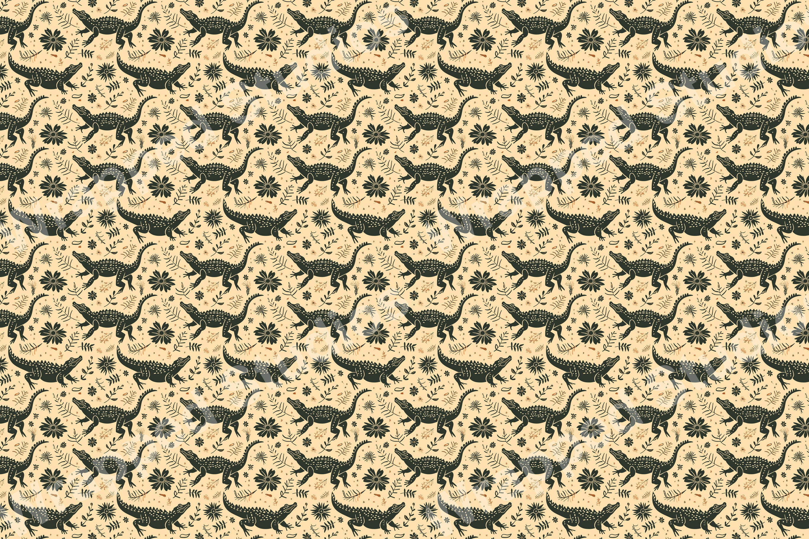 Whimsical folk art alligator and botanical pattern in dark olive green, caramel brown, and warm beige.