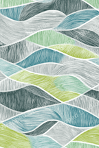 Abstract wave pattern with hand-drawn lines in teal, lime green, and gray creating a modern, flowing design.