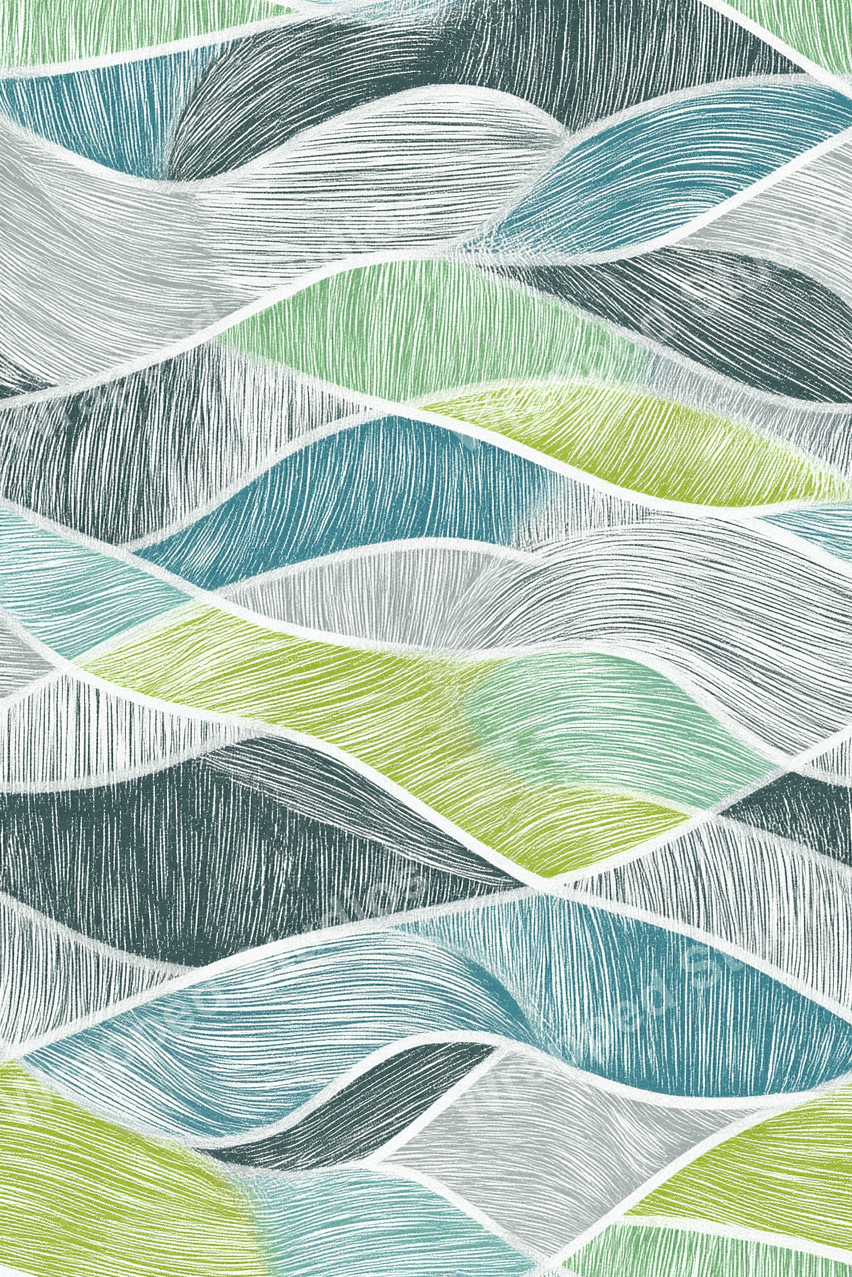 Abstract wave pattern with hand-drawn lines in teal, lime green, and gray creating a modern, flowing design.