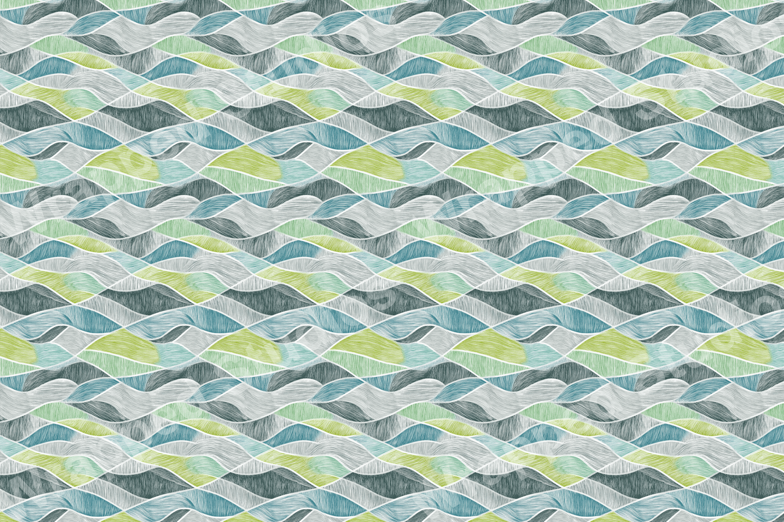 Abstract wave pattern with blue, green, and gray tones, featuring a hand-drawn, etched style.