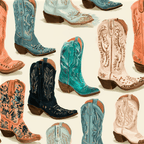 Vintage cowboy boot pattern with hand-painted Western boots in turquoise, pink, and cream.