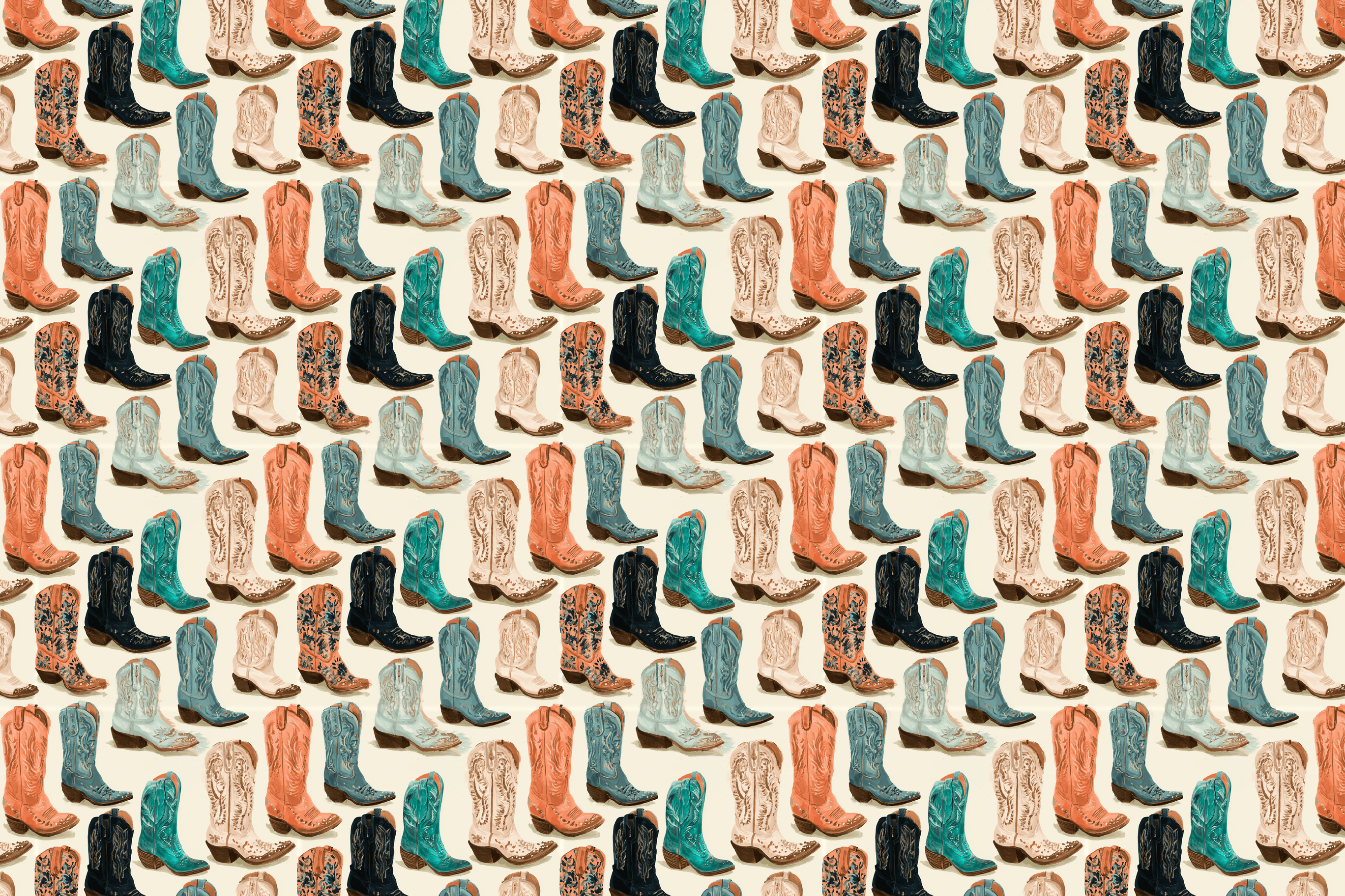 Seamless vintage cowboy boot pattern in terracotta, turquoise, and cream with a retro western aesthetic.