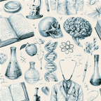 Vintage anatomical science pattern with hand-drawn skulls, brains, DNA, and lab equipment in blue sketch.