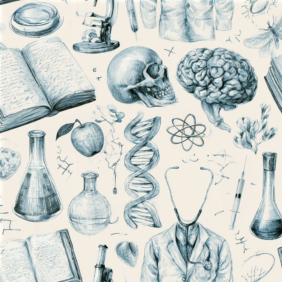 Vintage anatomical science pattern with hand-drawn skulls, brains, DNA, and lab equipment in blue sketch.