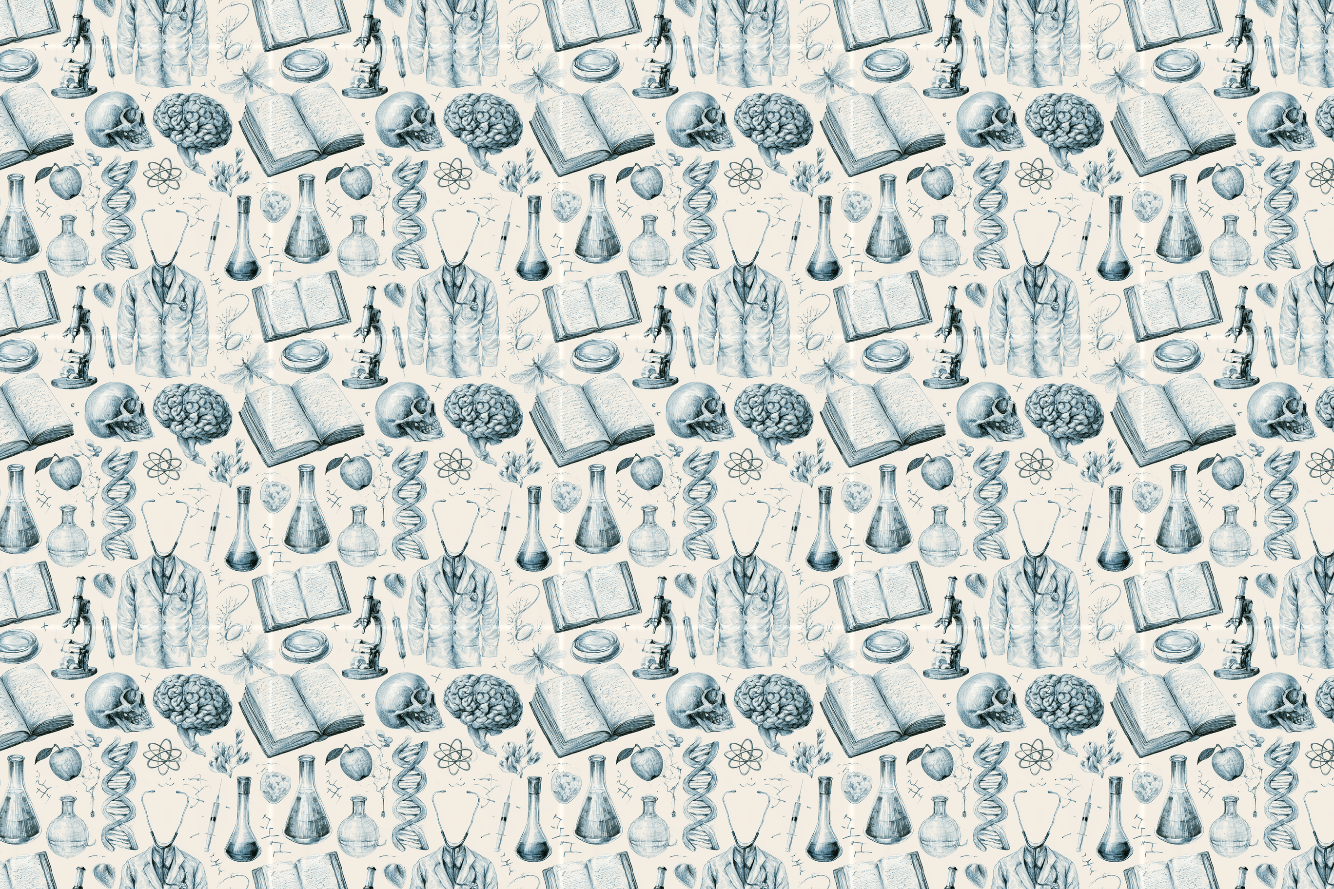 Vintage science pattern with hand-drawn medical sketches of skulls, brains, and microscopes on cream.
